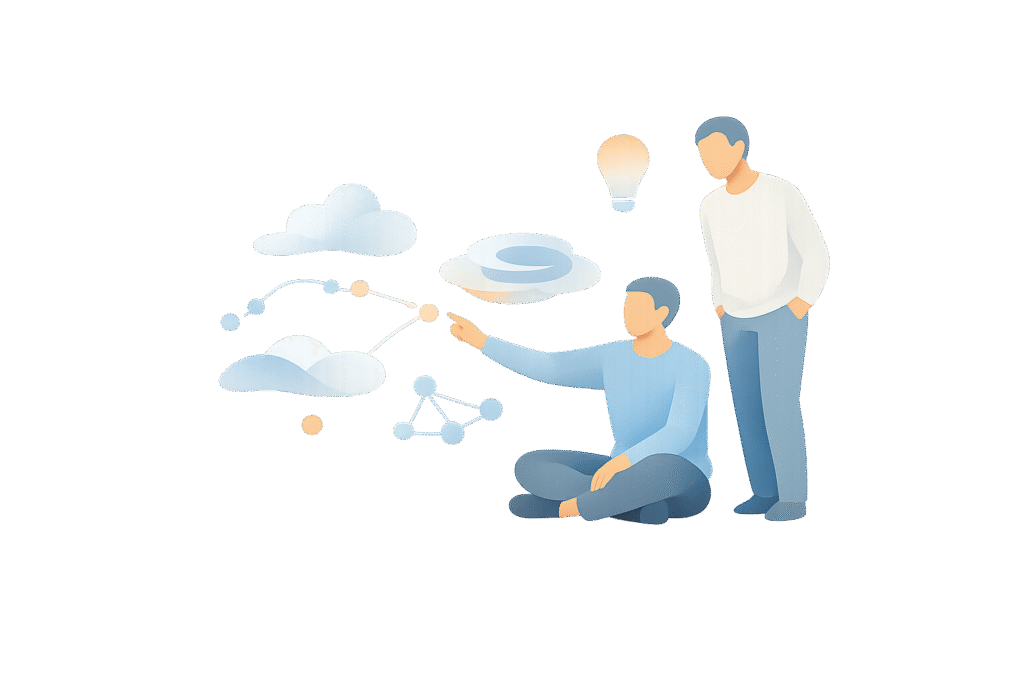 Two people interacting with abstract ideas